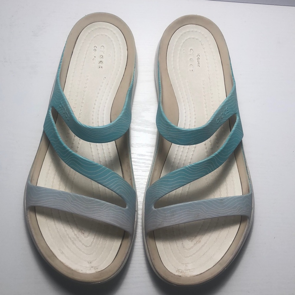 CROCS Women's Swiftwater Sandals in Teal and Light Gray